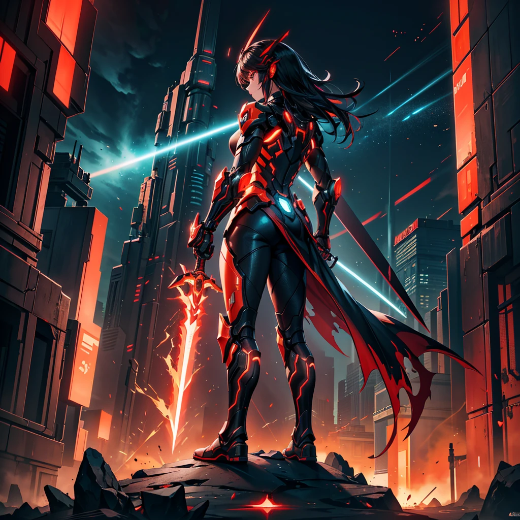 A high-quality digital illustration of a futuristic, cyberpunk-style warrior. The character is shown from a side view, wearing dark, sleek armor that appears to be disintegrating or dissolving into particles. The armor features glowing, red-orange circuits and technological designs, giving the character a cybernetic and mechanical appearance. The character wields a large, glowing red sword with intricate mechanical details. Surrounding the warrior is a massive, circular weapon or shield with similar glowing red accents, also breaking apart into glowing particles.

The overall color palette is dominated by black, red, and orange, with the glowing elements adding a sense of energy and power to the scene. The character's posture is strong and confident, standing tall with the sword held in a relaxed position. The glowing particles and digital effects surrounding the character create a sense of movement, as if the character is in the middle of a transformation or activation. The background is minimal and bright, with a soft glow that contrasts with the dark figure, emphasizing the technological and futuristic atmosphere of the scene.