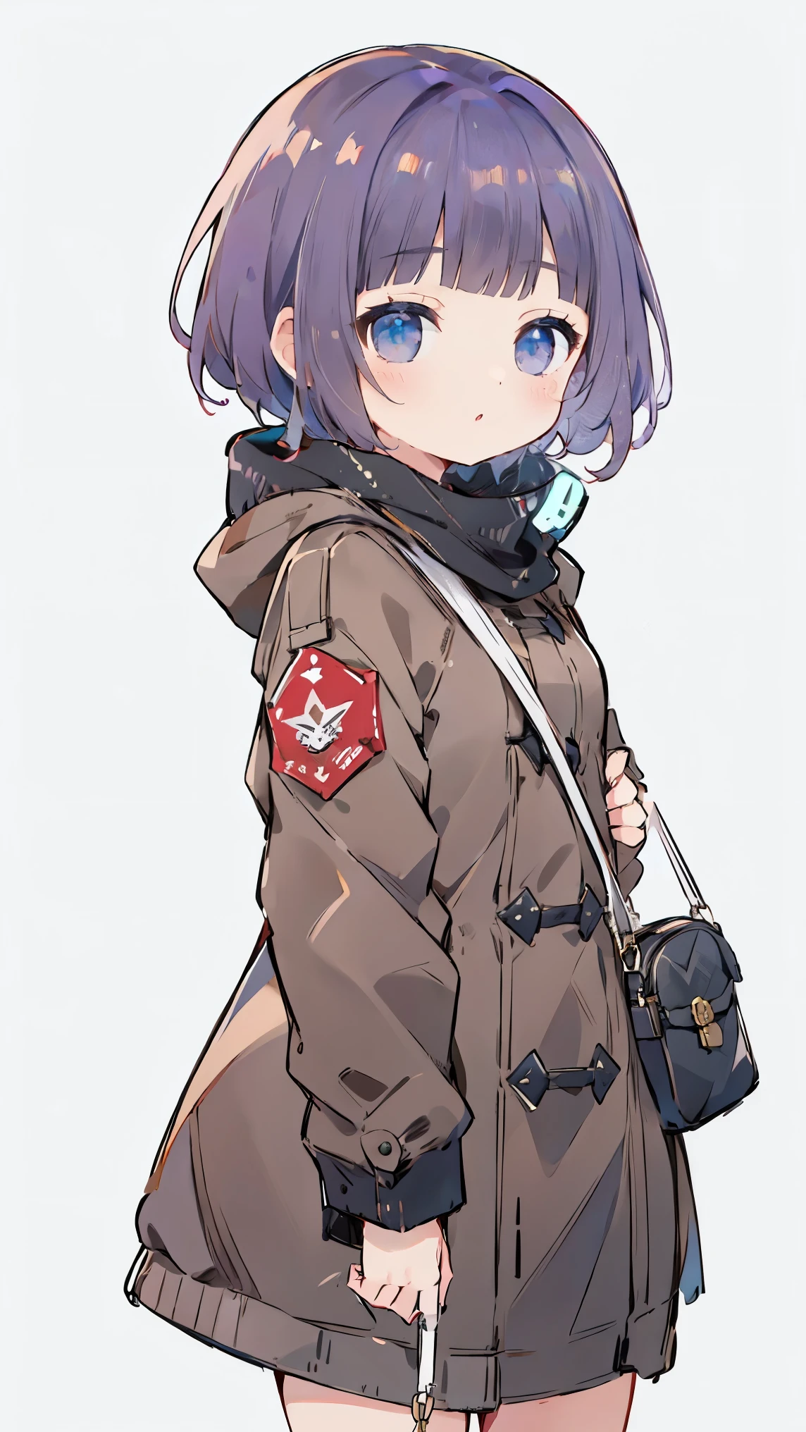 young woman, purple hair , black sweater, brown coat, pistachio shoulder bag