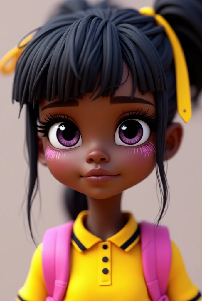 Black teen girl, with a black and very curly long hair with pink tips, using a hogwarts uniform with a pink robe with gryffindor symbol, black background --auto --s2