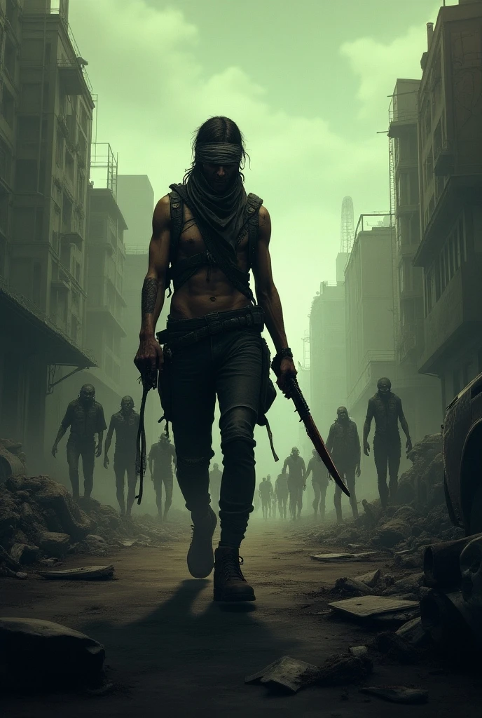 Best quality, masterpiece, ultra high res, photorealistic:1.5, raw photo,ultra reality, a man standing on a pile of dead humans, holding knives in both hands, bloody hands, injured, some bruises, fighting, in the city, cinematic lighting