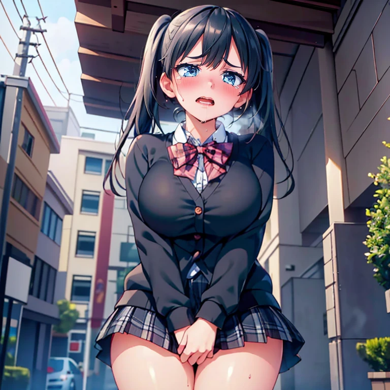 full body Waifu beautiful detailed eyes, beautiful detailed lips, extremely detailed eyes and face, longeyelashes, 1girl, sensual, young woman, sexy medium / large breasts, beautiful feminine face, nice sexy thighs, slim, sexy, erotic, nsfw:1.4, body has two arms, two legs and one head, (Each hand and toe has a thumb, index finger, middle finger, ring finger, and pinky finger.),Top quality:1.2, best quality:1.6, ultra high resolution, masterpiece:1.5 ,4K, 8K, 32K, detailed lighting, shaders, perfect anatomy, perfect proportions, highly detailed, ultra detailed, super detailed:1.2, perfect eyes, perfect face, very delicate and beautiful, illustration, sharp focus, very beautiful and detailed anime face, very detailed eyes, cute: (masterpiece,beautiful,hughres,CG,8k,16K,best quality,high-resolution,detailed fingers,detailed hands,detailed legs,detailed eyes:1.7),(from below:1.6),(cowboy shot,crotch focus:1.5),1girl,(school uniforms,black cardigan,white shirt,plaid skirt,black skirt,black hair,twintails,large breasts:1.6),(red bowtie:1.2),(outdoors,sidewalk:1.5),(have to pee:1.1),(urge to pee:1.2),(very desperate to pee:1.3),(standing:1.4),(knees together and feet apart:1.3),(rub each other's knees:1.6),(hand between legs,holding the crotch:1.6),(erotic waist twist:1.4),(female orgasm,pussy juice:1.2),(open mouth,gasping,heavy breathing,blush:1.6),(impatience:1.2),(flustered),(fidgeting around:1.3),(steam:1.3),(sweat skin:1.4),(streaming tears:1.6),(drooling:1.4),(looking down at viewer:1.4)