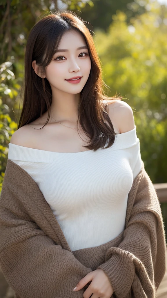 (top-quality,8K picture quality,​masterpiece:1.3,),(超A high resolution:1.3,Photorealsitic:1.4,Raw photography:1.2),(ultra-detailliert:1.2,shinny skin,Detailed skin:1.1),(Perfect Anatomy,Caustics:1.2),(On the lawn),(transparant:1.5). 女の子1人,baby face, kawaii,japanes,18year old, teeneger Japanese ido,Natural brown hair,Curl long blonde hair outward,grey eyes,natural make up, tight off-shoulder sweater dresses, big breasts, huge breasts, a smile, Looking at the camera,Professional Lighting,natural soft light, full body, slim body, potrait picture (hands behind hips:1.1)