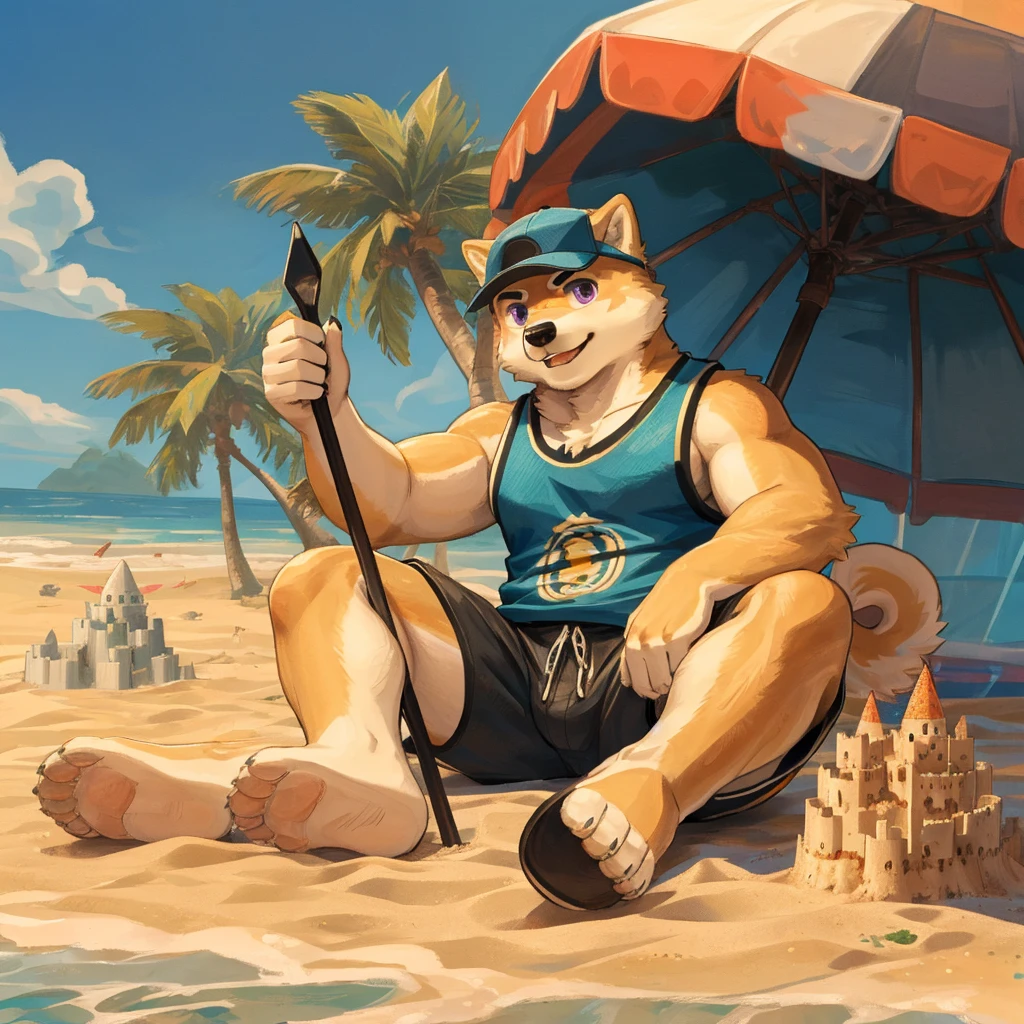 best quality, masterpiece, highres, detailed, thorn, anthro, kemono, male, solo, (((young boy))), (((shiba inu))), (((yellow fur))), short, white eyebrows, purple eyes,  build a san castle on the beach, wearing summer shorts and tank top, a cap, play with shovel and sand, sitting on the sand, (((sand castle))), (((full body))), splash art, gacha style, beach with sea and coconut trees, standee, white background,