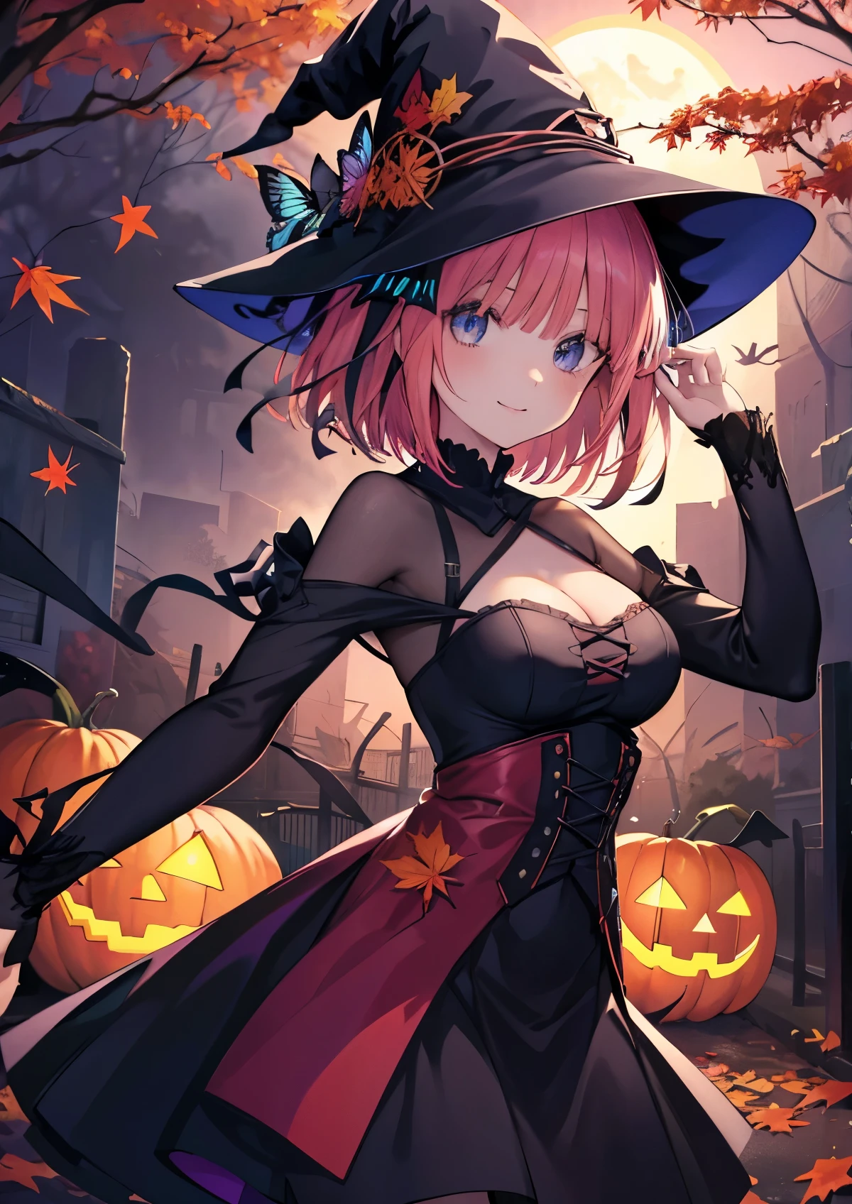 masterpiece, best quality, wallpaper, 1girl, solo, looking at viewer, , , , , <lora:karuta_roromiya:0.66>, karuta_roromiya, pink hair, pink eyes, , jack-o-lantern costume, science fiction soft science fiction, Blu-ray
