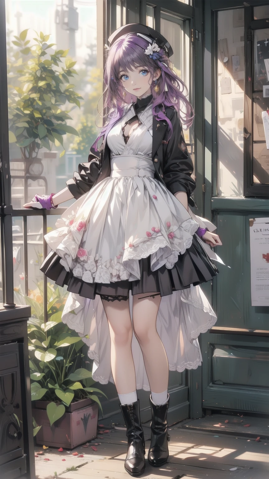 Anime Art、City Roads、  full body portrait 、 Modern Street Killer 、Ruins of the Moonlight 、Tall Woman, : about. 175cm, Around 20 years old, Wear a black jacket and shorts,  Wears Silver Earrings in Her Ears 、Black socks、 Short Medium Hairstyle 、 Eyes Are Hidden with Bangs 、 Purple Hair、 Wears a Red Hat 、Open your mouth, Intimidating smile、 purple eyes、gloves、 stockings、boots、 Wears a Black Jacket and Shorts 
