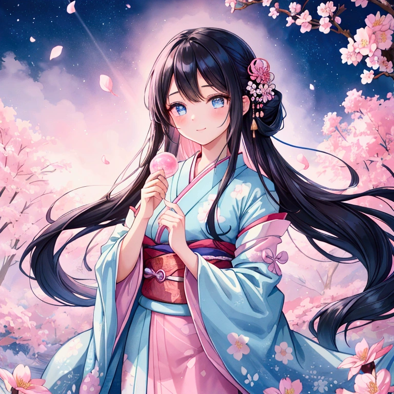 A high-quality digital illustration of a young woman with a soft, ethereal aura. She has long, flowing black hair that is elegantly styled in a loose updo, adorned with colorful flower hairpins, including pink, blue, and white blossoms. Her delicate, graceful features are highlighted by her large, expressive light blue eyes, which reflect both mystery and beauty. She is wearing a traditional Japanese kimono, beautifully patterned with floral designs in pastel shades of blue, pink, and red. The intricate details around the collar and sleeves emphasize the elegance of the outfit.

The young woman is holding a glowing, translucent bubble in her hands, gazing at it with a calm and thoughtful expression. Her posture is gentle, and her serene smile adds to her ethereal presence. The background is soft and dreamy, with floating pastel-colored bubbles and flower petals drifting in the air, creating a serene and magical atmosphere. The color palette features soft pinks, blues, and subtle gradients, enhancing the peaceful and fantastical mood of the scene. A soft glow surrounds her, amplifying the dreamlike quality of the image.