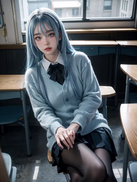 1girl, long light blue hair, dark blue, sit in class, black school modern uniform, anime