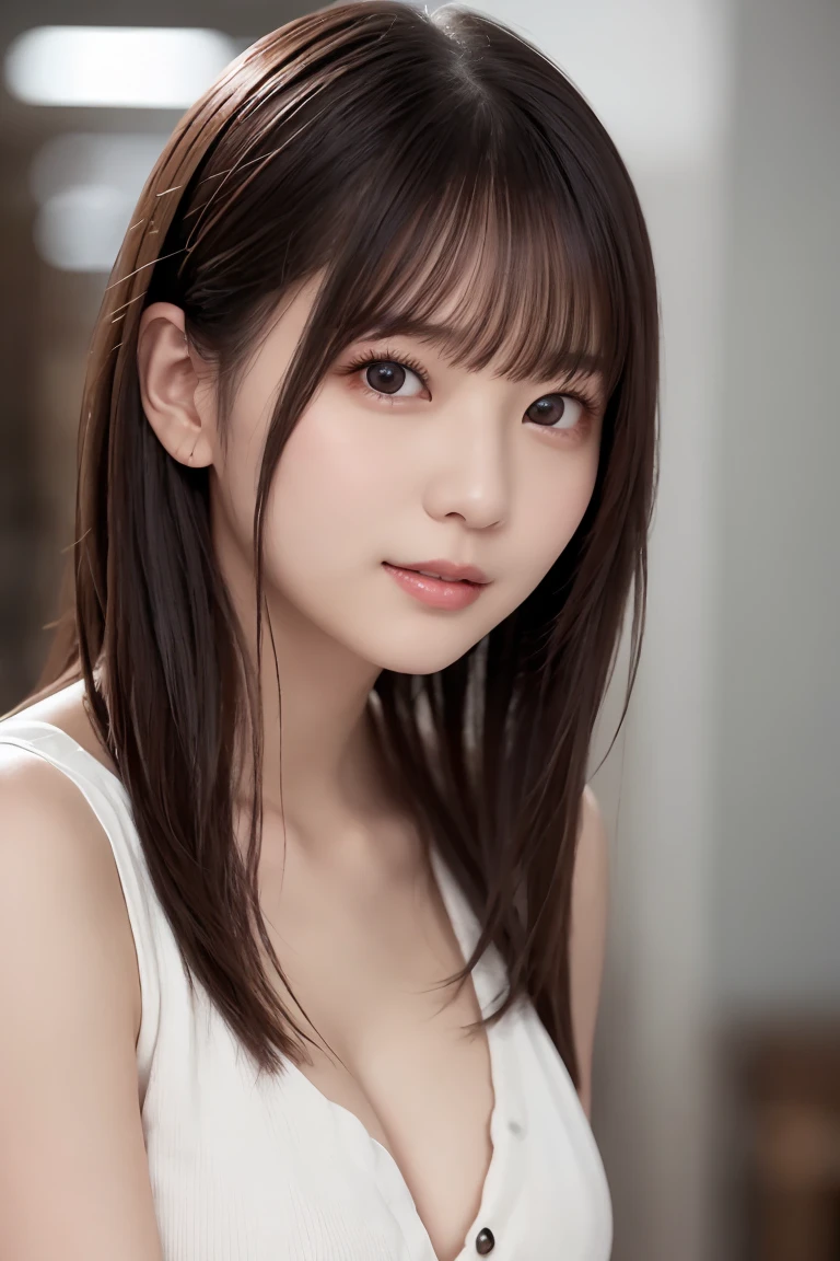 白シャツ、Complex and beautiful eyes、woman、Womanly black hair、(Delicate and realistic hair、1 bottle１Realistic hair)、bangs、Natural Color Lip、smile、((White indoor))、indoor、((18歳woman:1.2))、Young and adorable Japanese face, Official Art，Highly detailed CG Unity 8k wallpaper，（masterpiece:1.0),(Best Quality:1.0), 超High resolution,4K,Very detailed, photo shoot, 8k, nffsw, High resolution, Kodak Portrait 400, Film Grain, Lens flare glow,高いest quality,8k,nffsw:1.2),Portrait Shot,8k、Show Viewer, (((Front View))), (((Front View))), ((Facing))、Body facing forward、Bold cleavage、Firm breasts、Small face, ((Bare legs))、Highest quality、Super beautiful images、upper body、stand up