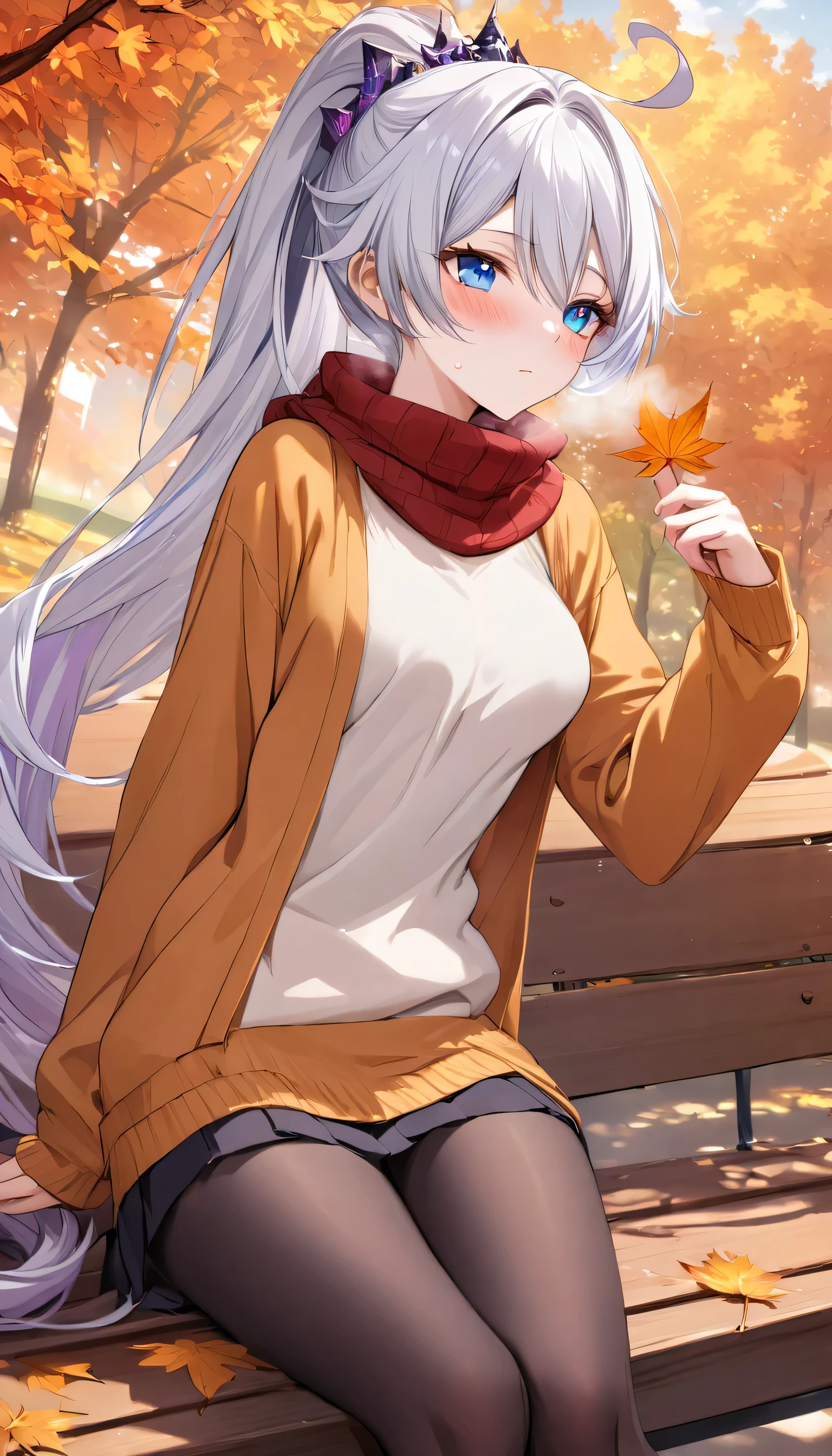 kiana kaslana \(honkai impact 3rd\), herrscher of finality, white hair, ahoge, ponytail, very long hair, blue eyes, purple pupils, medium breast, skinny skin, blush, closed mouth, heavy breathing, 1 girl, adult grown woman, masterpiece, best quality, beautiful detailed eyes, sitting on a bench in park, autumn day, golden autumn, warm sweatshirt, beige tights, holding a leaf, pleated skirt, black pantyhose, red scarf finely detailed, extremely detailed CG unity 8k wallpaper, autumn