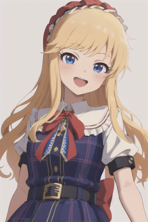 ohtsuki yui,  1 girl, Alone,  blond hair, Long Hair, dress, blue eyes, Have, smile, Red headdress,  watching viewers,  opens her mouth, chest, , blue dress, Short sleeve, Wrist cuff, belt, bow,  White background ,   simple background , bangs, puffy Short sleeve, teeth, Puff sleeves, red bow, :d, Wavy Hair, Dated, frills, medium chest, large chest