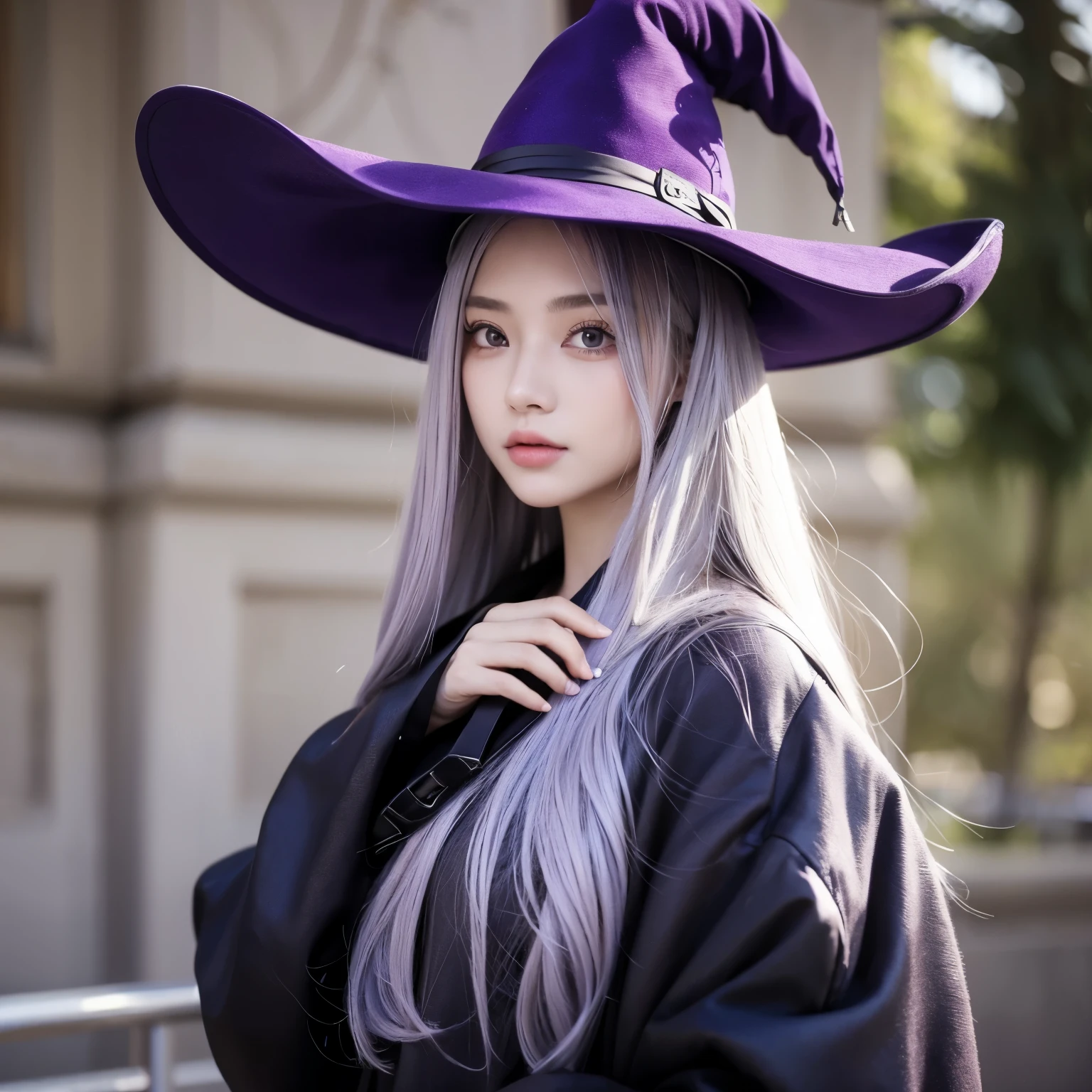 masterpiece,  best quality, 1 Girl, Elena_(witch_No_trip), Silver Hair,  Purple Eyes , Long hair,