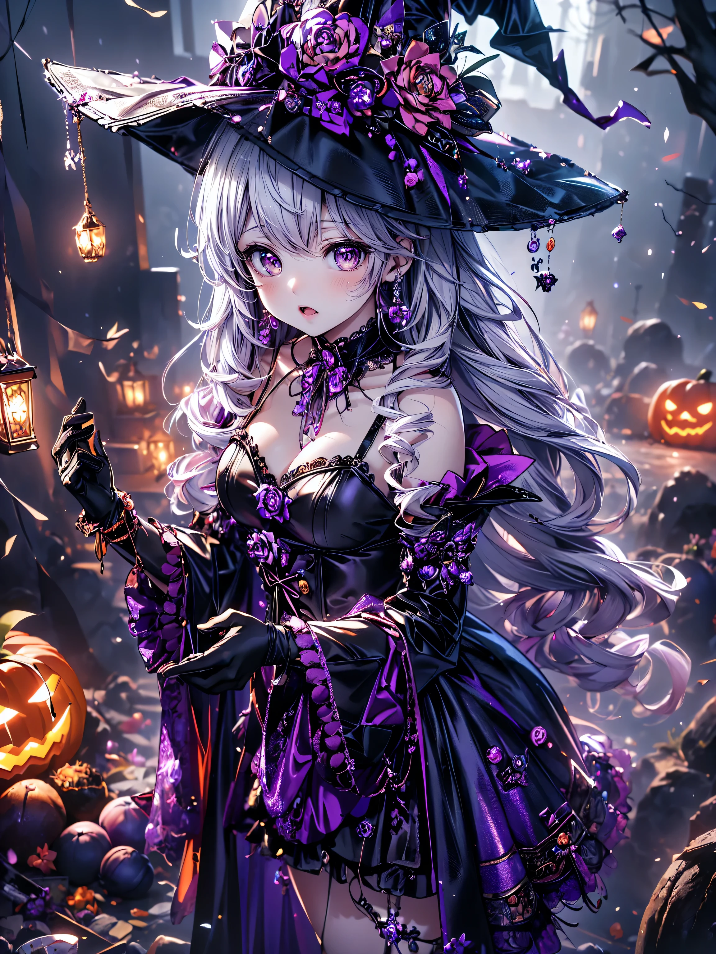 (( super high image quality )), ((Super detailed)), ((Best Quality)), Young woman, Halloween, witch, witch's hat, lanthanum,  Trick or Treat, 🎃, ((sweets, candy, cookie)), (((Complete Hand))), Amazing digital painting, (anime moe art style:1.3),