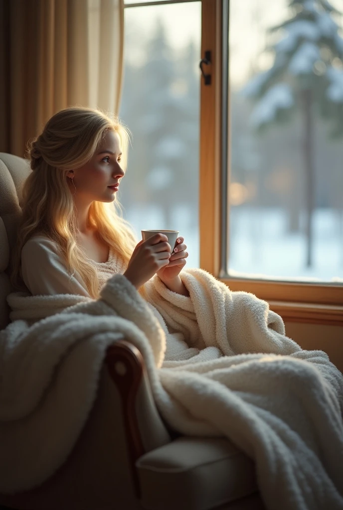 A photo of a cozy reading nook with a blanket and a hot cup of tea,original,Wearing beautiful clothes and having a nice body, female