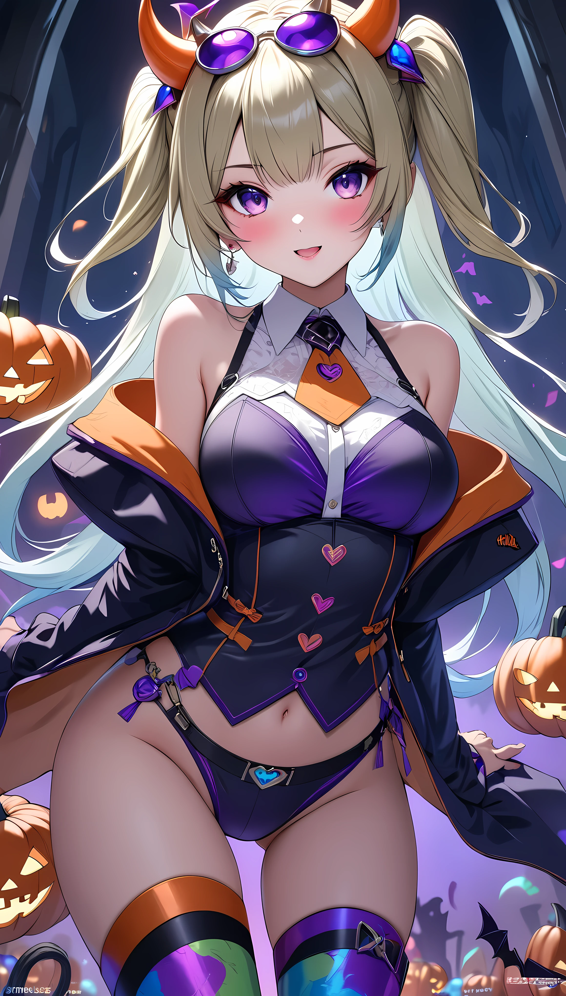 (masterpiece,  best quality:1.2),  1 girl, Alone, \ characters " atlus"\,  Halloween little devil ,  follows a Halloween ghost , Cute sex appeal ,  Jack-o-lantern adds color ,  transparent purple overlay , ROUGH, Faruzan