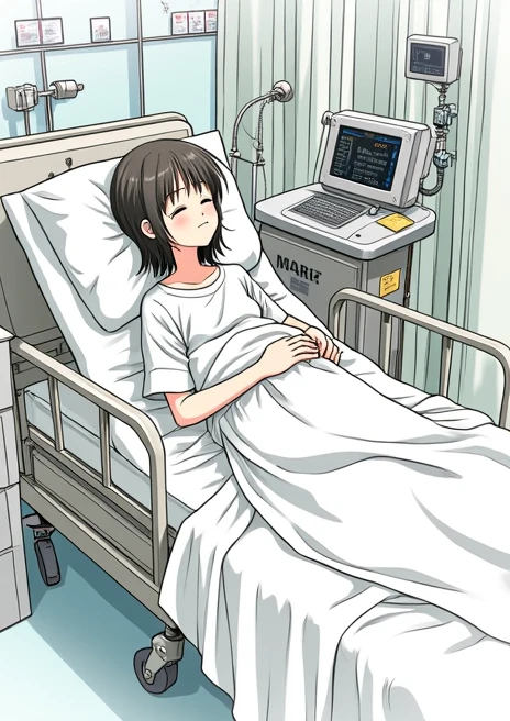 In the hospital, lying in a hospital bed