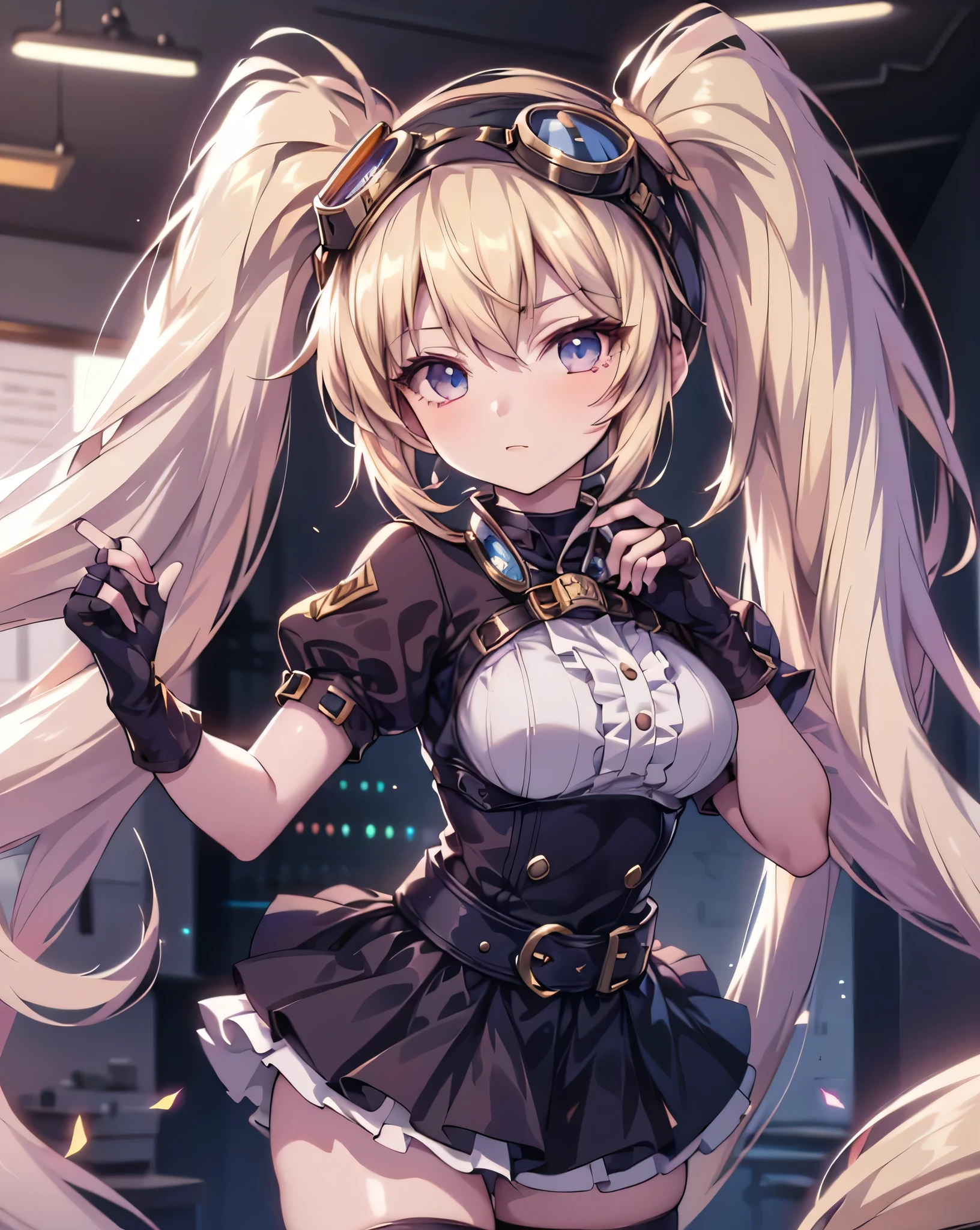 masterpiece, best quality, 1woman, 1girl, solo, 8k uhd, layla ML, twintails, blonde, blonde hair, long hair, blue eyes, goggles, thighhighs, skirt, brown gloves, puffy short sleeves, natural shading, good lighting, detailed fingers, detailed face, high resolution, indoors, laboratory room, simple backround,