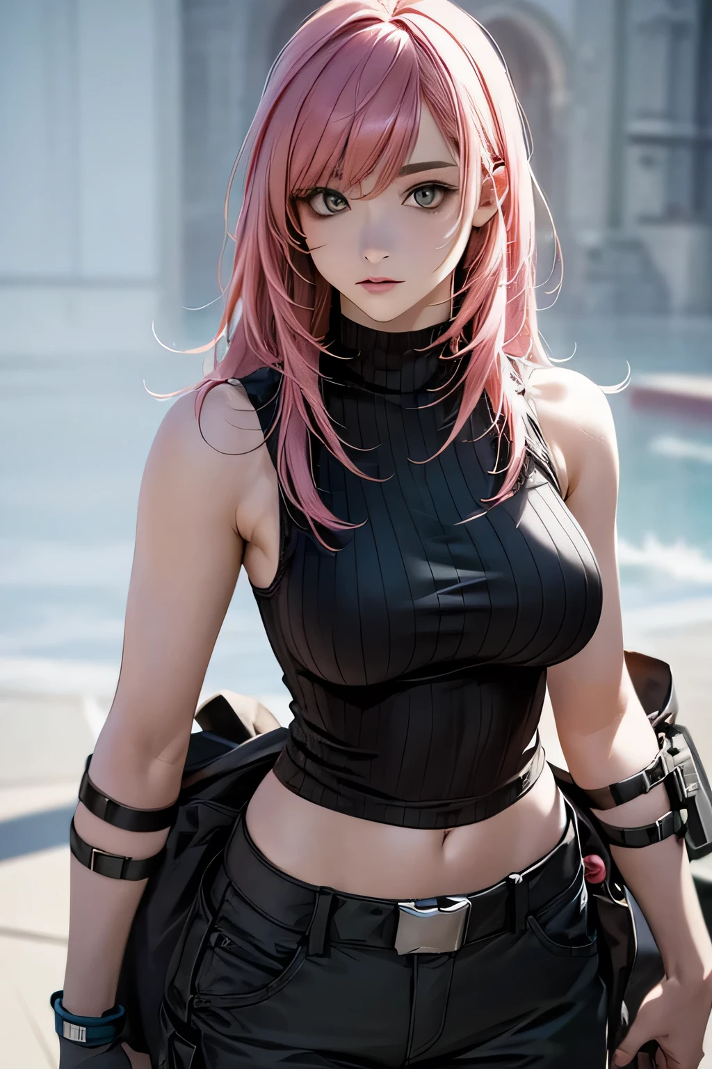 (masterpiece), (best quality), realistic, cinematic light, girl, (1 girl), solo, Sakura Haruno, Sakura from Naruto, cool pose, battlefield background, perfect body, green eyes, pink hair