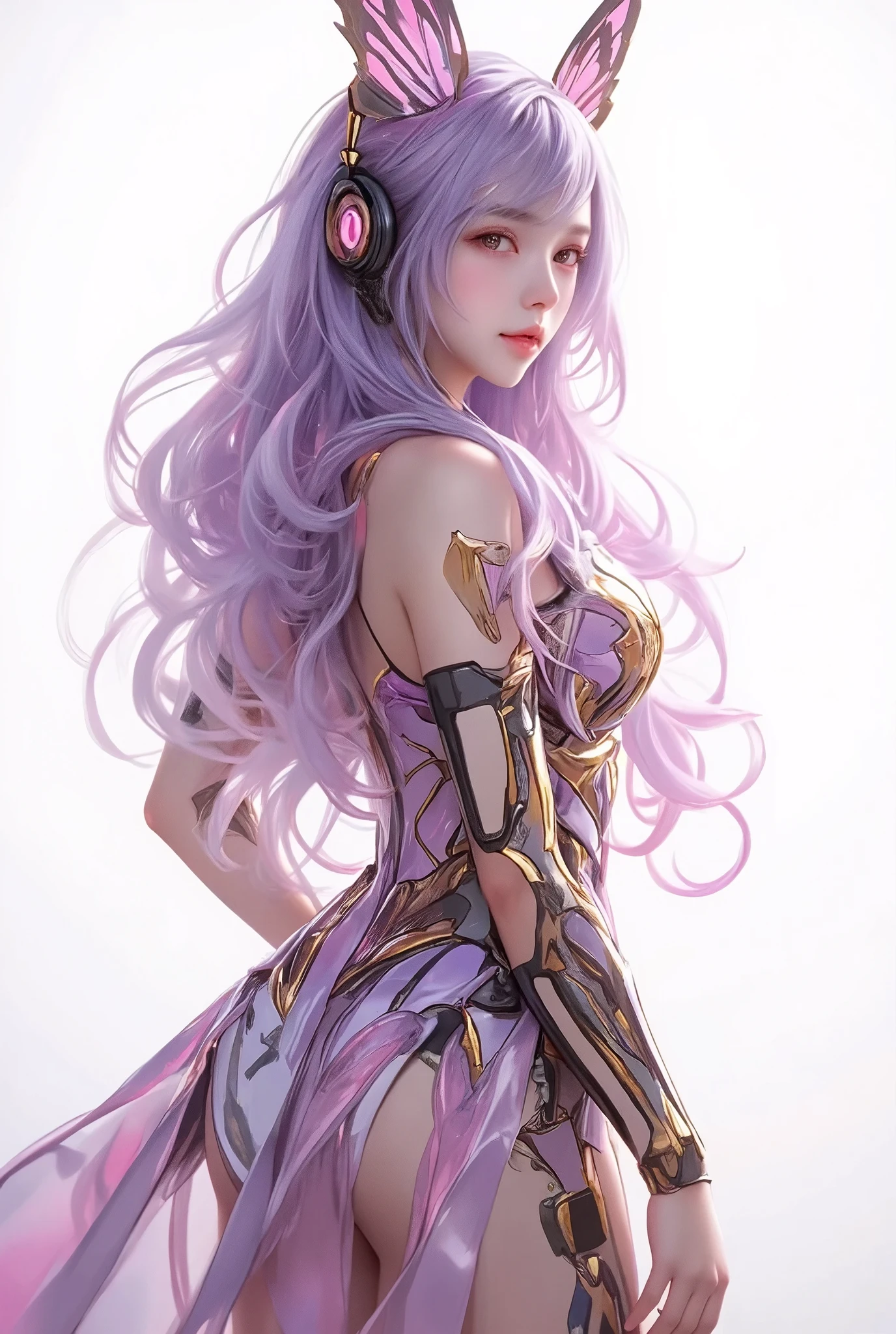 Korean purple-haired butterfly woman with headset and luxury clothing haute couture sexy dress white background full body