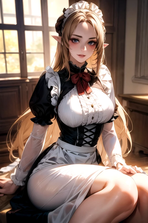 ((best quality)), ((Masterpiece)), (details:1.4), ((Enrich the picture，Masterpiece level quality)), Beautiful 8K CG artwork, 3d, HDR (high dynamic range), ne female adult elf with demon horns and dark blonde long hair and visible forehead wearing a beautiful maid dress, maid attire, maid dress, full body, adult face, forehead, beautiful maid dress, detailed maid dress with red ribbons, maid cosplay dress, short victorian maid dress, seethrough sleeves