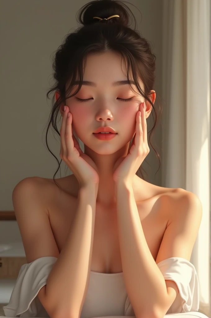 oil painting, anime style, a naked young woman, long black hair, Slavic origin, wearing only a glossy white ceramic mask on her face, full body shot, model pose, covering with one hand lower intimate places and second hand breasts, soft erotic painting,  (best quality,4k,8k,highres,masterpiece:1.2),ultra-detailed,(realistic,photorealistic,photo-realistic:1.37),HDR,UHD,studio lighting,sharp focus,professional,vivid colors,bokeh,hyper-realistic,dramatic lighting,chiaroscuro