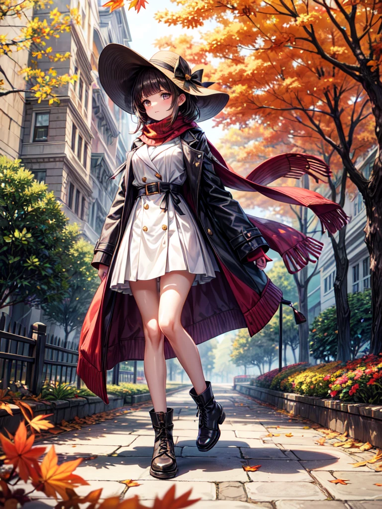 A beautiful young woman is waiting for a date on an autumn day, standing under a tree-lined path filled with falling red, orange, and golden leaves. She is wearing a stylish wide-brimmed hat and a chic fall outfit—an elegant coat, scarf, and ankle boots, perfect for the cool October weather. The scene captures the vibrant colors of autumn with leaves gently floating down around her, while the long shadows of the late afternoon sun add depth and warmth. Her expression is a mix of excitement and tranquility, and the crisp, clean details of the high 8K resolution highlight the intricate textures of both her fashion and the natural surroundings, blending the charm of fall with her graceful presence,