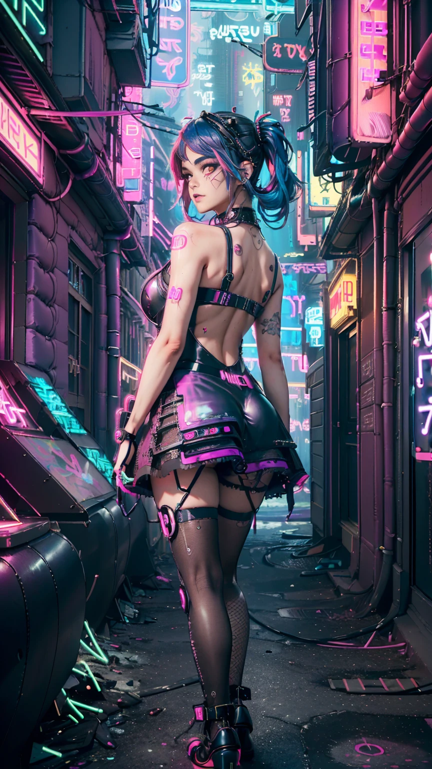 (masutepiece, of the highest quality, Best Quality, Official art, Beautiful and aesthetic:1.2),(1girl in:1.4),Full body,([Pink|Blue] hair:1.5),ighly detailed,(Fractal Art:1.3),(Colorful:1.5),highest details,(Mechanical modification:1.3),(corrected:1.2),Maiden,(A complex mechanical conduit is inserted into the back:1.5),catheter,(Neon background:1.4),(Neon City:1.75),Night,Large breasts,(Gothic_****ta:1.2),high-heels,(:0.75),makeup,blush,(Cyberpunk:1.4),((Looking at Viewer:1.3)),((Looking back)),Sofia Boutella, brunette, sun burn, Colossal , Nikon D850 Film Stock Photography 4 Kodak Portra 400 Camera F1.6 lens rich colors hyper realistic lifelike texture dramatic lighting unrealengine trending on artstation cinestill 800,