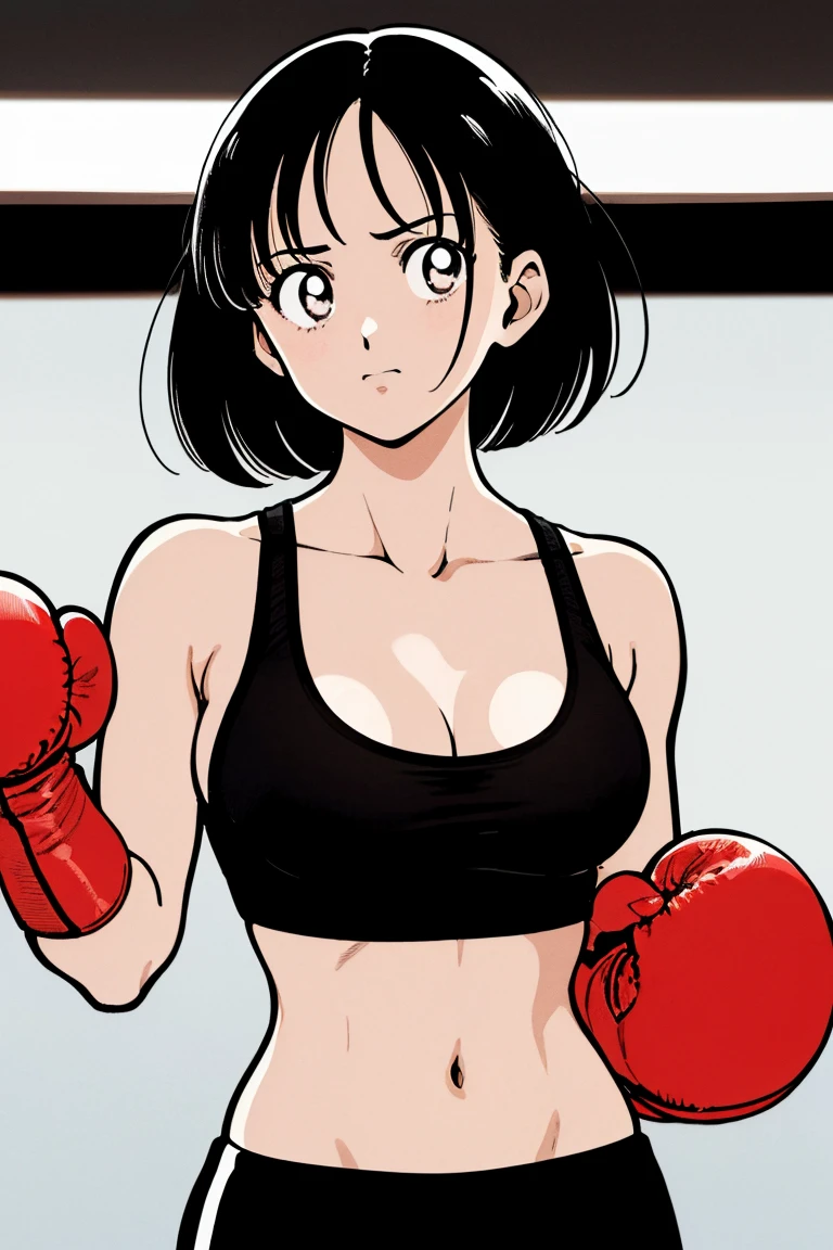 (((Full Body Shot、  female professional boxer  、In the ring、           boxing gloves    、bangs    、Embarrassing  、Slender body、 short hair、Big Breasts、Sports Bra)))、((Pencil drawing))、((Manga))、(masterpiece、top-quality)、   best quality, masterpiece, 超A high res, (Realistic:1.4), ((masterpiece:1.4,    best quality)), ((masterpiece,    best quality)), (Manga style:1.4)、 (超A high res:1.2),  high res、flawless、masterpiece,    best quality,                  soft dim lighting                 , addition_  Details, Good lighting、A highly   Detailsed、((beautifull   Detailsed face))、( ((ultra-  Detailsliert )))、ns   、Side light、((Raising awareness 、 best to          write a professional photo on a boxing ring   ))、Highly   Detailsed eyes、                 perfect lighting 、(extremely  DetailsedCG:1.2)、(((masterpiece))), (1 personの少女)、(1 person)、                 Solo Focus            、    、 beautiful girl with beautiful   Detailss,     very cute, beautiful girl with beautiful   Detailss,                     write a professional photo on a boxing ring       , extremely   Detailsed eye and face, （ 人物の接写 ）、(Manga style:1.1)、  plain bottom  、(masterpiece、   best quality:1.2)、((                 facing the front   、bangs       :1.2))、bangs付き、Young woman 、((                  upper body  :1.2))、 short hair、    、 outside、               boxing gloves               、Full Body Shot