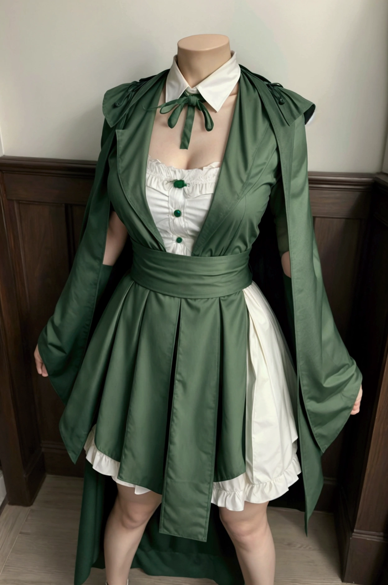 masterpiece,  Better quality, Headless adult woman, Alone, Nahida_genshin, cross-shaped pupils, maid&#39;s outfit, green cape, standing