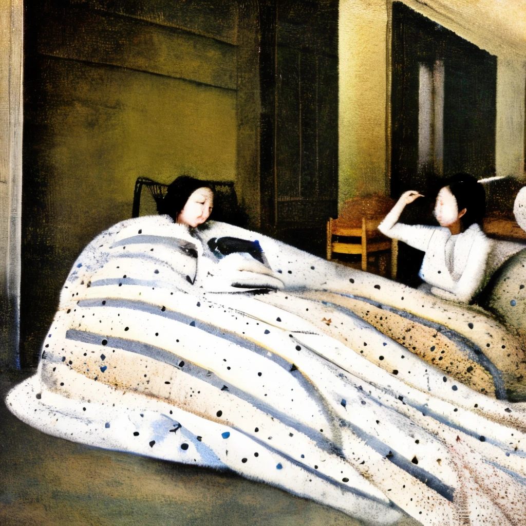  Countless long cocoons cover the sofa、Long eyebrows grow from the sofa 、Pointillism、