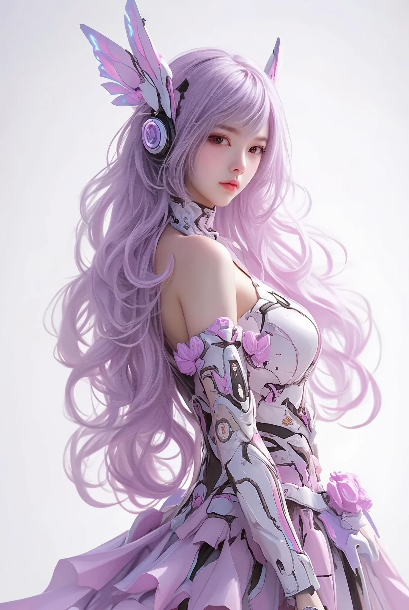 Korean purple-haired butterfly woman with headset and luxury clothing haute couture sexy dress white background full body