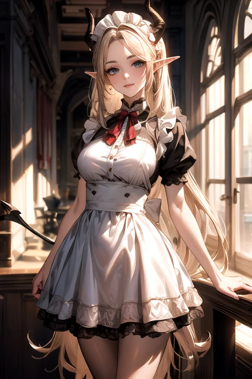 ((best quality)), ((Masterpiece)), (details:1.4), ((Enrich the picture，Masterpiece level quality)), Beautiful 8K CG artwork, 3d, HDR (high dynamic range), ne female adult elf with demon horns and dark blonde long hair and visible forehead wearing a beautiful maid dress, maid attire, maid dress, full body, adult face, forehead, beautiful maid dress, detailed maid dress with red ribbons, standing pose