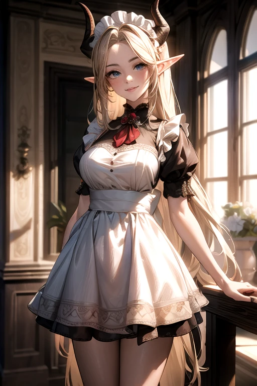 ((best quality)), ((Masterpiece)), (details:1.4), ((Enrich the picture，Masterpiece level quality)), Beautiful 8K CG artwork, 3d, HDR (high dynamic range), ne female adult elf with demon horns and dark blonde long hair and visible forehead wearing a beautiful maid dress, maid attire, maid dress, full body, adult face, forehead, beautiful maid dress, detailed maid dress with red ribbons, standing pose