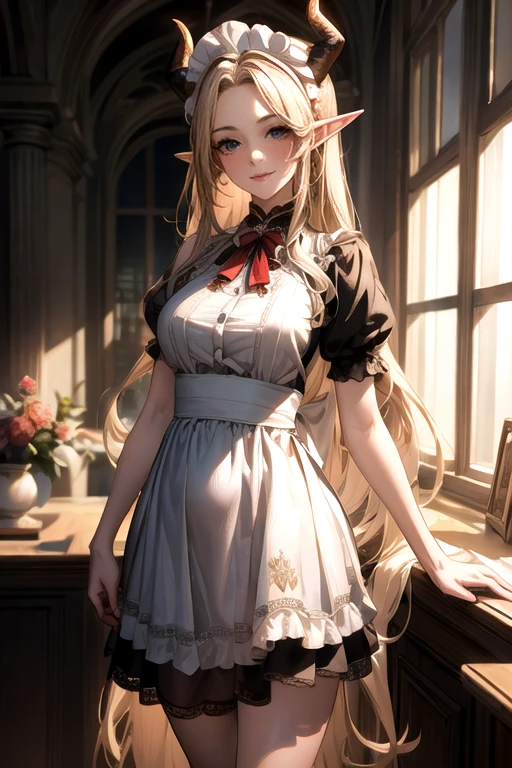 ((best quality)), ((Masterpiece)), (details:1.4), ((Enrich the picture，Masterpiece level quality)), Beautiful 8K CG artwork, 3d, HDR (high dynamic range), ne female adult elf with demon horns and dark blonde long hair and visible forehead wearing a beautiful maid dress, maid attire, maid dress, full body, adult face, forehead, beautiful maid dress, detailed maid dress with red ribbons, standing pose