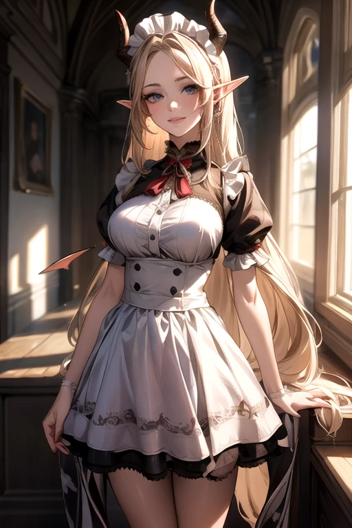 ((best quality)), ((Masterpiece)), (details:1.4), ((Enrich the picture，Masterpiece level quality)), Beautiful 8K CG artwork, 3d, HDR (high dynamic range), ne female adult elf with demon horns and dark blonde long hair and visible forehead wearing a beautiful maid dress, maid attire, maid dress, full body, adult face, forehead, beautiful maid dress, detailed maid dress with red ribbons, standing pose