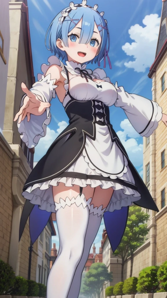 masterpiece, best quality, ((microo skirt)), pantyhose,smile, upper body, large breasts, house, blue sky,(full body),(((wide hips)))
