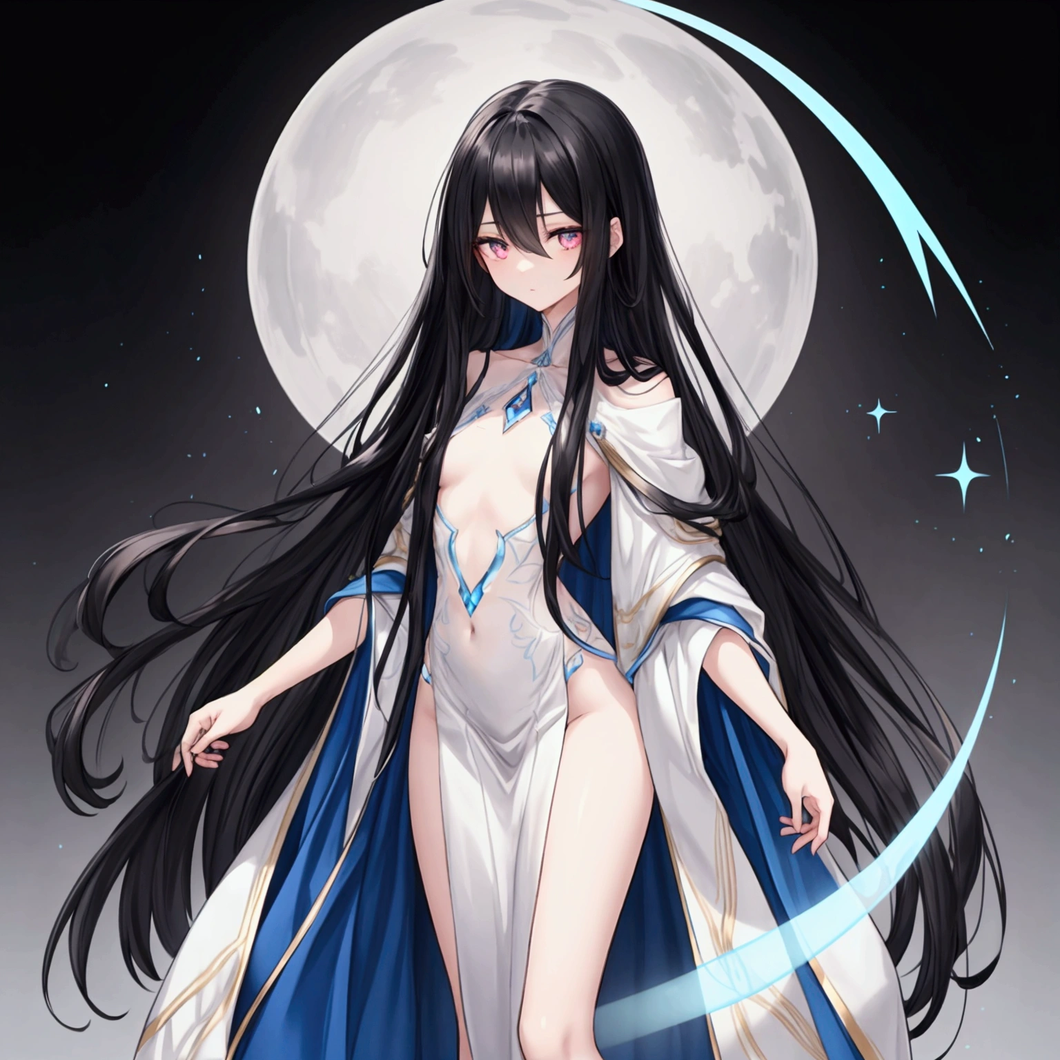 "A slender woman with long, flowing black hair, standing at 160 cm tall, weighing 45 kg, with a petite chest. Her eyes are a soft, pale blue, giving her a mysterious aura. The image is rendered in ultra-high quality, capturing every fine detail with stunning clarity."