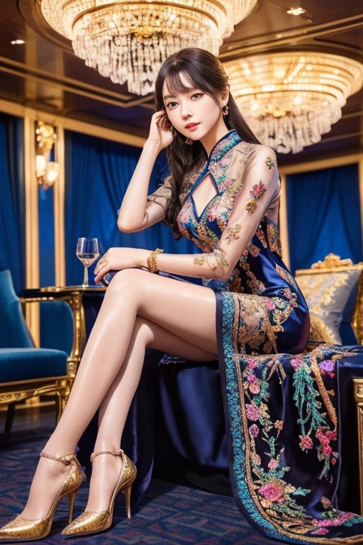 Super delicate face、Ultra-detailed eyes and face、double eyelid、 shiny lips、(Full Body Portrait)、(long hanfu dress with colorful and intricate embroidery:1.2)、(Silk Pantyhose)、High heels、1 girl 、You can see her beautiful long hanfu dress and high heels、( Two Balanced Legs)、( perfect body、Perfect hands)、(( Perfect Anatomy、 anatomically correct))、Large Breasts、(She is sitting inside a luxury cruise ship with a chandelier against a beautiful night view)、 professional lighting、(((Best Quality、 super high definition、masterpiece)))、 super real、RAW Photos