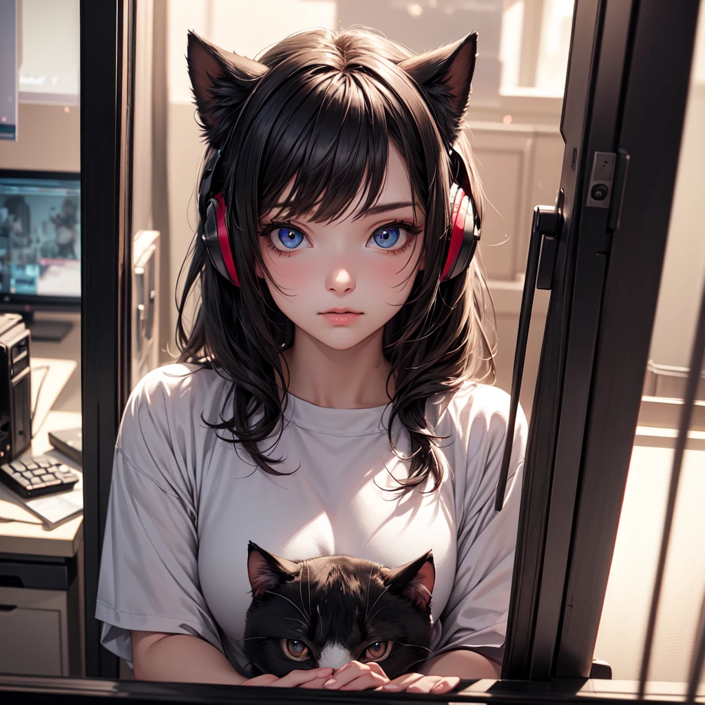(masterpiece) wolf girl, wolf ears, gray eyes, wearing an oversized white, t-shirt, with dirt spots, dirty t-shirt, Right shoulder exposed, crying, whining, behind iron bars, Both hands holding iron bars, slave, prisoner, skinny, black hair, Side ponytail, top down view, background in detention, slum prison,Detailed face, detailed feet, detailed hands, detailed background, detailed eyes, Detailed images, realistic images, realistic, high definition, ultra hd, 4k, POV, expressive face, expressive eyes, Good lighting, progressive lighting