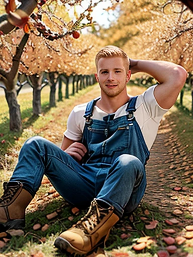 20 years old, slender farmboy twink, large erect penis and saggy balls, cumshot, (ejaculation:1.1),  wet open denim shorts, ginger undercut, blue eyes, scruffy, (thick chest hair), body hair, arrogant smirk, leaning against pile of hay, sunset,