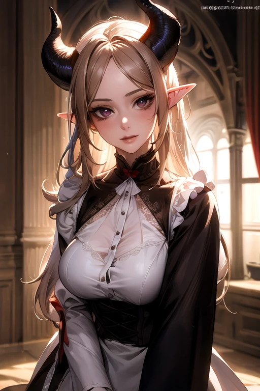 ((best quality)), ((Masterpiece)), (details:1.4), ((Enrich the picture，Masterpiece level quality)), Beautiful 8K CG artwork, 3d, HDR (high dynamic range), ne female adult elf with demon horns and dark blonde long hair and visible forehead wearing a beautiful maid dress, maid attire, maid dress, full body, adult face, forehead, beautiful maid dress, detailed maid dress with red ribbons, maid cosplay dress, short maid dress, seethrough sleeves