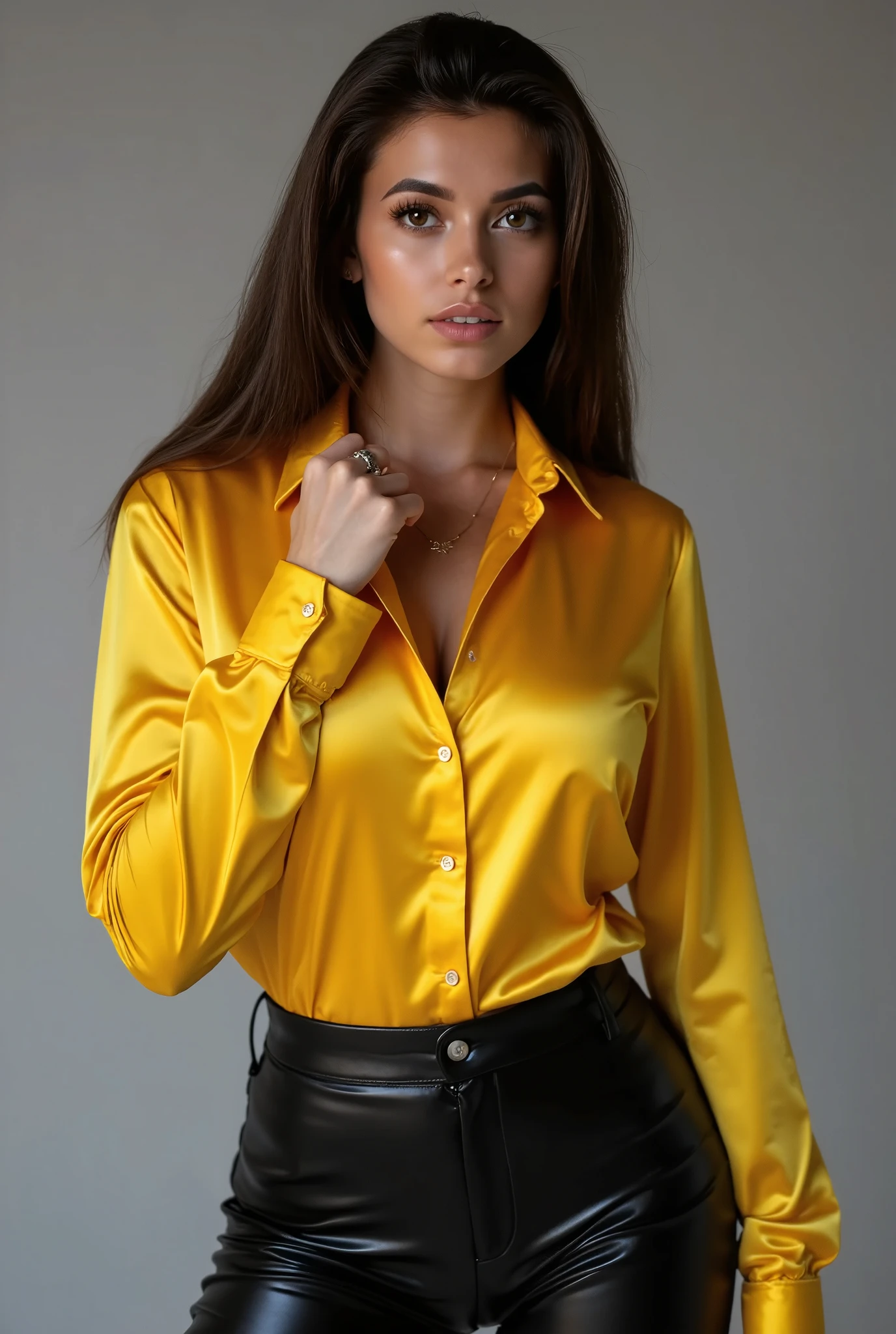 Cristy Ren, Russian brunette model with an yellow satin shirt with large breasts, leather pants, promo shoot, studio shoot