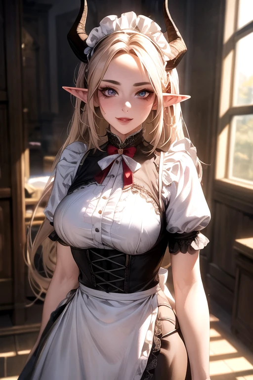 ((best quality)), ((Masterpiece)), (details:1.4), ((Enrich the picture，Masterpiece level quality)), Beautiful 8K CG artwork, 3d, HDR (high dynamic range), ne female adult elf with demon horns and dark blonde long hair and visible forehead wearing a beautiful maid dress, maid attire, maid dress, full body, adult face, forehead, beautiful maid dress, detailed maid dress with red ribbons, maid cosplay dress, victorian maid dress