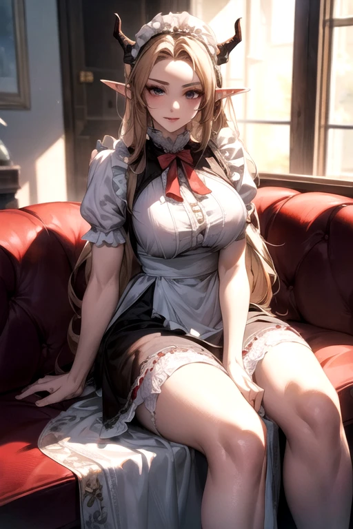 ((best quality)), ((Masterpiece)), (details:1.4), ((Enrich the picture，Masterpiece level quality)), Beautiful 8K CG artwork, 3d, HDR (high dynamic range), ne female adult elf with demon horns and dark blonde long hair and visible forehead wearing a beautiful maid dress, maid attire, maid dress, full body, adult face, forehead, beautiful maid dress, detailed maid dress with red ribbons, maid cosplay dress, victorian maid dress