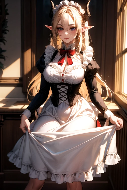 ((best quality)), ((Masterpiece)), (details:1.4), ((Enrich the picture，Masterpiece level quality)), Beautiful 8K CG artwork, 3d, HDR (high dynamic range), ne female adult elf with demon horns and dark blonde long hair and visible forehead wearing a beautiful maid dress, maid attire, maid dress, full body, adult face, forehead, beautiful maid dress, detailed maid dress with red ribbons, maid cosplay dress, victorian maid dress