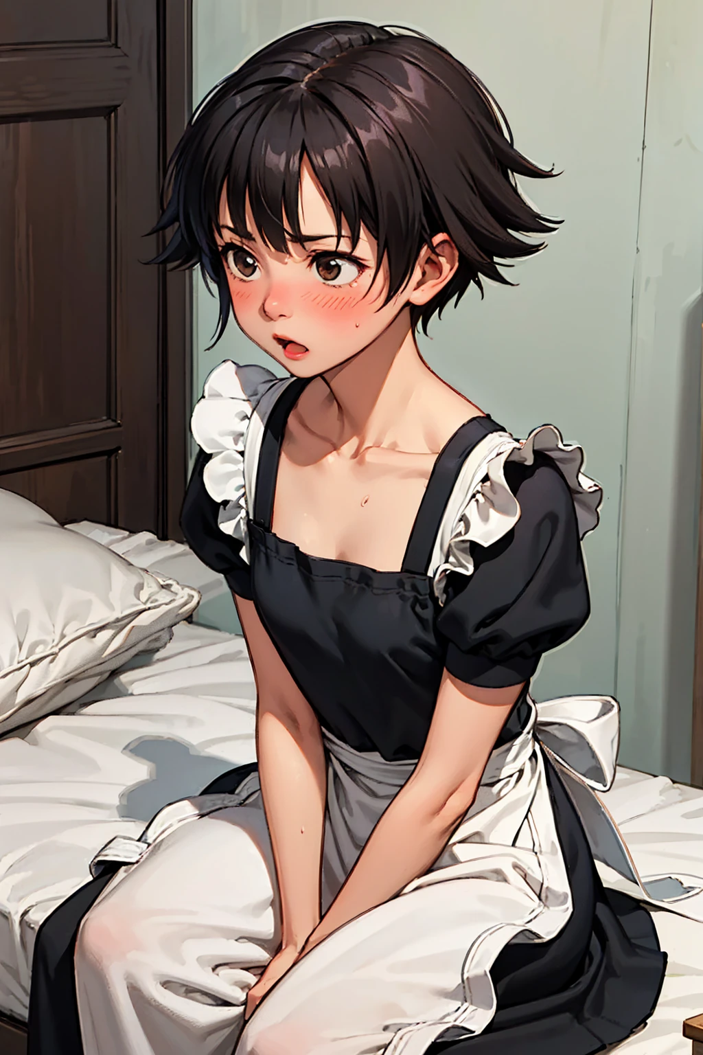 makoto, 1girl, bangs, black hair, blush, brown eyes, looking away, short hair, (collarbones:1.2),(shy:1.3),maid apron,maid dress, cute, solo, mouth half open,blush,bedroom,sitting,Frontal,best quality, masterpiece