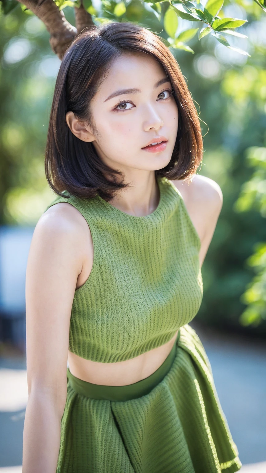 You are a professional photographer。future、Beautiful Eyes、 ((Highest quality)), Clear contours, Woman with beautiful face, (((One Girl,alone))), ((Beautiful Eyes)), Sex Appeal,Albedo and Specular Maps、Accurate simulation of lightweight material interactions、A woman posing in a green top and white panties, Yoshitomo Nara, Light Smile