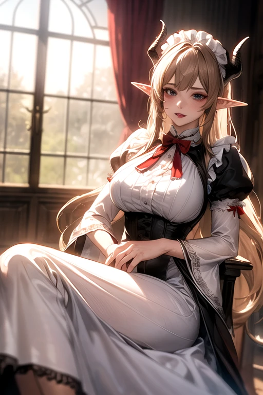 ((best quality)), ((Masterpiece)), (details:1.4), ((Enrich the picture，Masterpiece level quality)), Beautiful 8K CG artwork, 3d, HDR (high dynamic range), ne female adult elf with demon horns and dark blonde long hair and visible forehead wearing a beautiful maid dress, maid attire, maid dress, full body, adult face, forehead, beautiful maid dress, detailed maid dress with red ribbons, maid cosplay dress, short maid dress, seethrough sleeves, puffy maid dress, ****ta dress