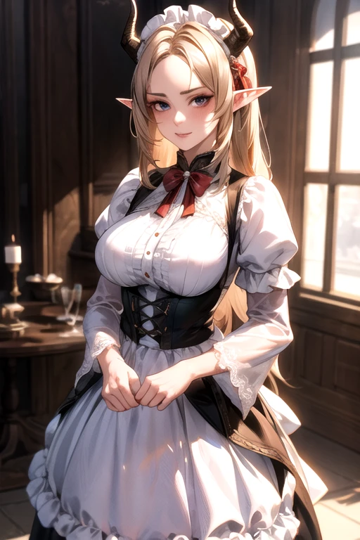 ((best quality)), ((Masterpiece)), (details:1.4), ((Enrich the picture，Masterpiece level quality)), Beautiful 8K CG artwork, 3d, HDR (high dynamic range), ne female adult elf with demon horns and dark blonde long hair and visible forehead wearing a beautiful maid dress, maid attire, maid dress, full body, adult face, forehead, beautiful maid dress, detailed maid dress with red ribbons, maid cosplay dress, short maid dress, seethrough sleeves, puffy maid dress, lolita dress