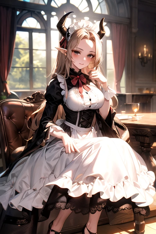 ((best quality)), ((Masterpiece)), (details:1.4), ((Enrich the picture，Masterpiece level quality)), Beautiful 8K CG artwork, 3d, HDR (high dynamic range), ne female adult elf with demon horns and dark blonde long hair and visible forehead wearing a beautiful maid dress, maid attire, maid dress, full body, adult face, forehead, beautiful maid dress, detailed maid dress with red ribbons, maid cosplay dress, short maid dress, seethrough sleeves, puffy maid dress, ****ta dress