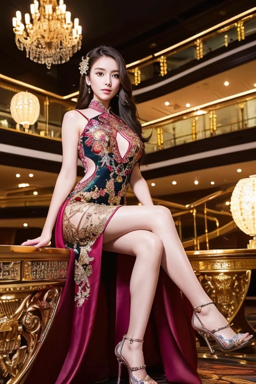 Super delicate face、Ultra-detailed eyes and face、double eyelid、 shiny lips、(Full Body Portrait)、(long hanfu dress with colorful and intricate embroidery:1.2)、(Silk Pantyhose)、High heels、1 girl 、You can see her beautiful long hanfu dress and high heels、( Two Balanced Legs)、( perfect body、Perfect hands)、(( Perfect Anatomy、 anatomically correct))、Large Breasts、(She is sitting inside a luxury cruise ship with a chandelier against a beautiful night view)、 professional lighting、(((Best Quality、 super high definition、masterpiece)))、 super real、RAW Photos